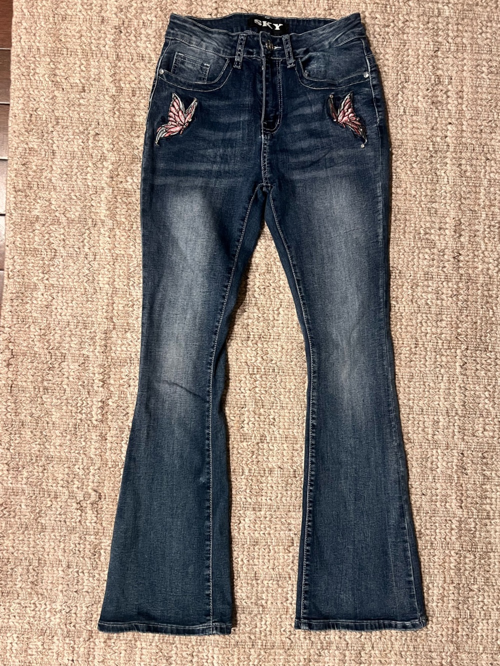 SKY Women's Dark Wash Skinny Jeans with Pink Butterfly Embroidery - Picture 3 of 7
